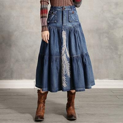 Women Denim Skirts Vintage Embroidery-WF00513-Veeddydropshipping