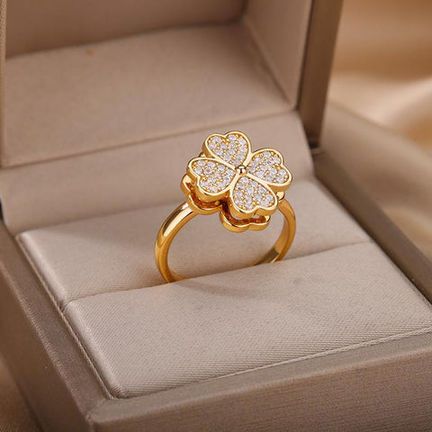 Zircon Rotatable Four Leaf Clover Rings For Women -JW00033-Veeddydropshipping
