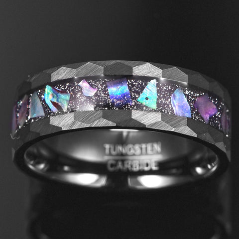 Starry Sky Abalone Edge Hammered Black Tungsten Carbide Ring  -JW00404-Veeddydropshipping