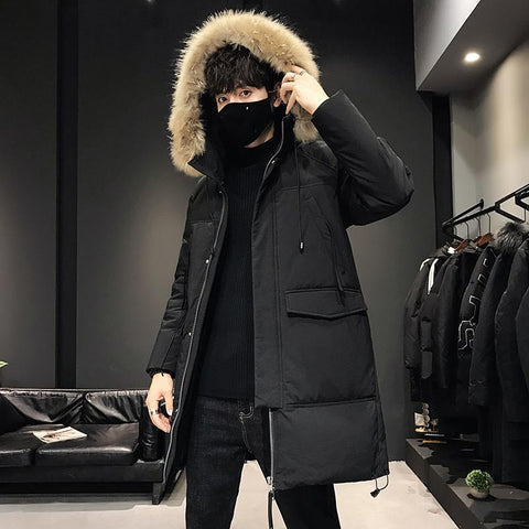 Fur Collar Windbreaker Down Coat Thick Black Coat-Veeddydropshipping