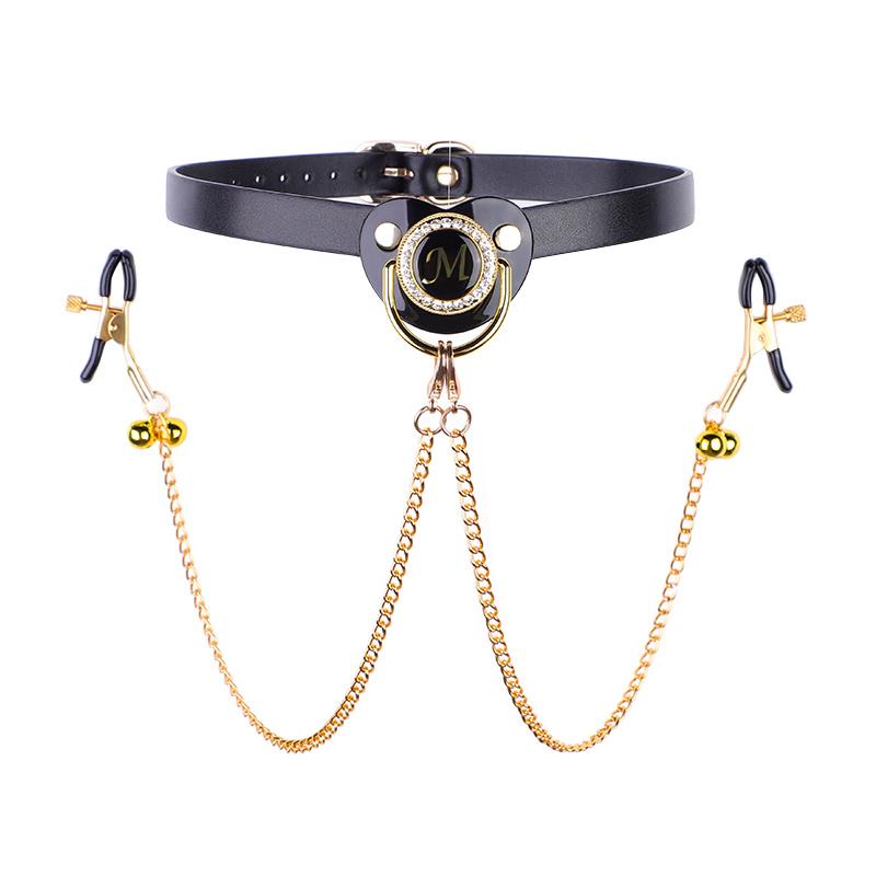 Adult Pacifier Mouth Gag with Gold Chain Nipple Clamps Breast Clip Slaves -BH01216-Veeddydropshipping