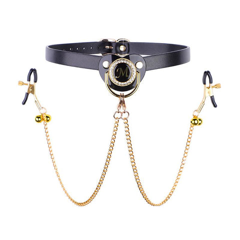 Adult Pacifier Mouth Gag with Gold Chain Nipple Clamps Breast Clip Slaves -BH01216-Veeddydropshipping