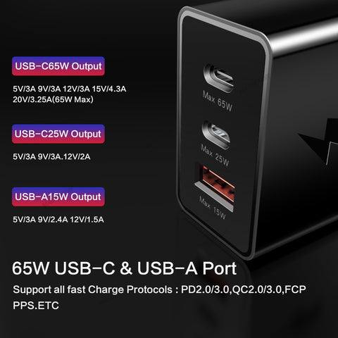 USB PD 65W Fast Charging Charger 3Ports Type C Quick Charger 3.0 Mobile Phone Adapter-PA00045-Veeddydropshipping
