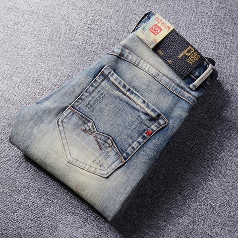 Yellow Blue Elastic Destroyed Slim Ripped Jeans-MF00622-Veeddydropshipping