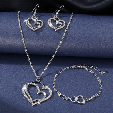 Double Heart Necklace Earrings Bracelet Jewelry Set  -JW00327-Veeddydropshipping
