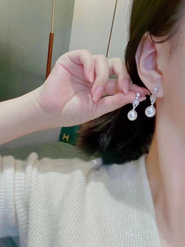 925 Sterling Silver Round  White Pearls Drop Dangle Earrings-JW00095-Veeddydropshipping