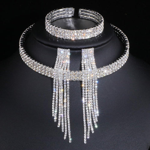 Classic Elegant Tassel Crystal Bridal Jewelry Sets  -JW00340-Veeddydropshipping