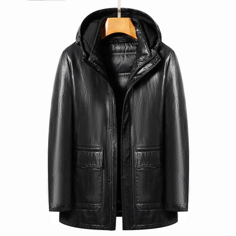 Grade Men&#39;s Hooded Natural Leather Down Jacket Medium-MF01262-Veeddydropshipping