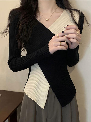 Women New Korean Fashion V Neck Long Sleeve Sweaters-Veeddydropshipping