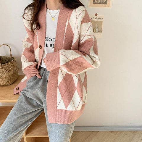 Knitted Sweater Cardigan Woman Coat Diamond Sweater Jumpers-Veeddydropshipping