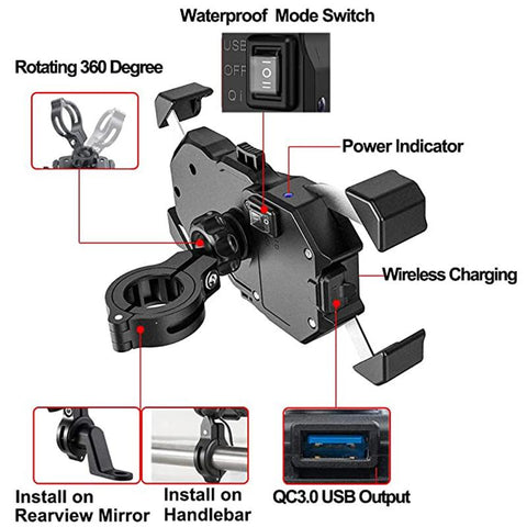 Motorcycle Phone Holder 15W Wireless Charger USB QC3.0 Fast Charging Bracket Bike Smartphone-PA00521-Veeddydropshipping