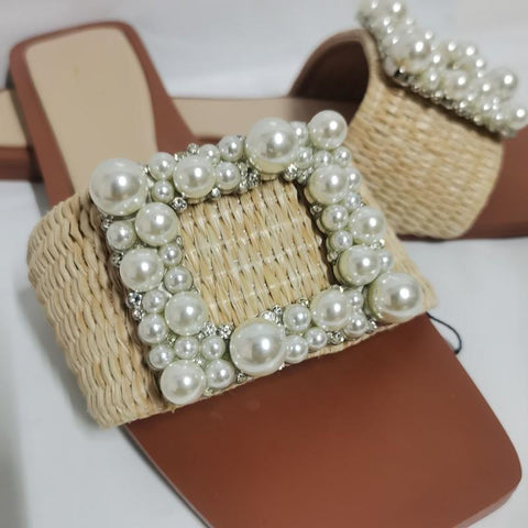 Woven Strap Autumn Front Pearl Slippers Woman Squared-BS00855-Veeddydropshipping