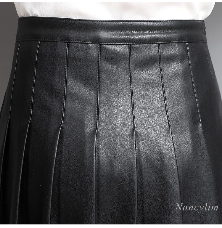 Women Real Leather Korean-Style Slim Fit High Waist Ruffled Skirt-WF00386-Veeddydropshipping