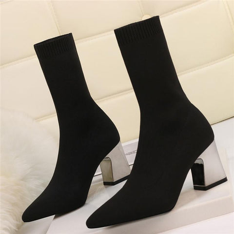 High Heels White Ankle Boots Stripper Low Block Heel-BS01023-Veeddydropshipping