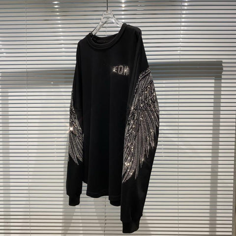 Black Hoodie Women Rhinestone Loose Crew Neck-Veeddydropshipping