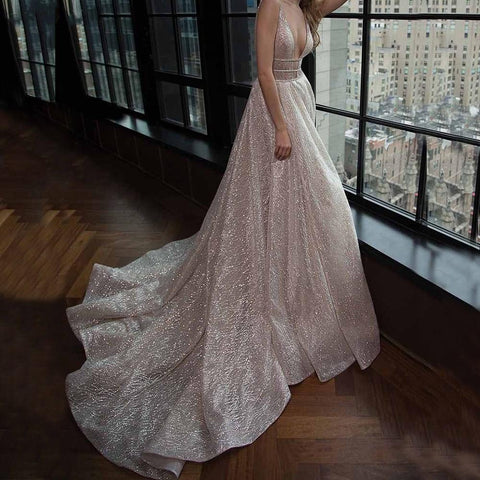 Sexy Deep V-Neck A-Line Prom Dresses-WF01541-Veeddydropshipping