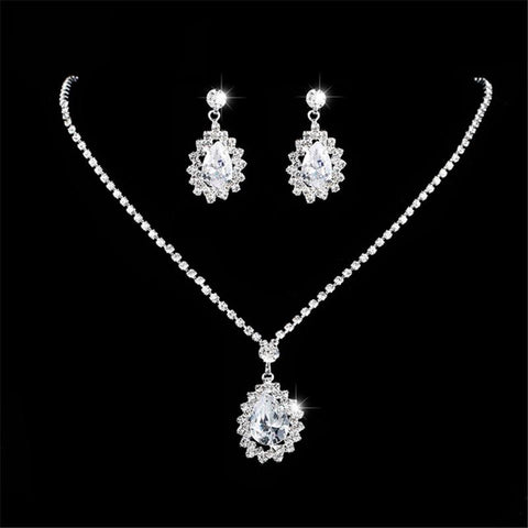 Water Drop Full Crystal Silver Plated  Bridal Wedding Jewelry Set -JW00352-Veeddydropshipping
