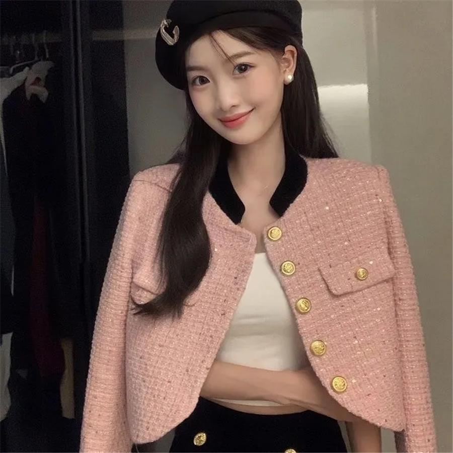 Pink Korean Spliced Crop Tweed Jacket Women-Veeddydropshipping
