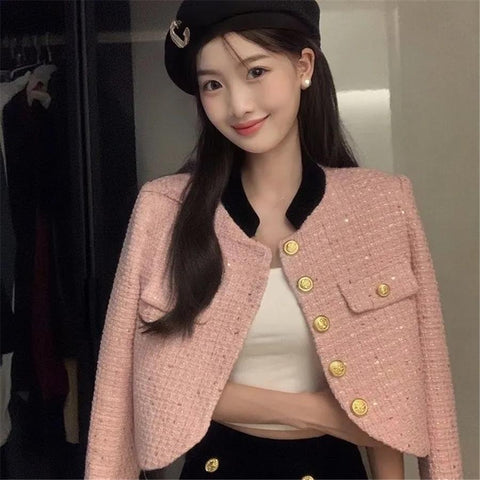 Pink Korean Spliced Crop Tweed Jacket Women-Veeddydropshipping