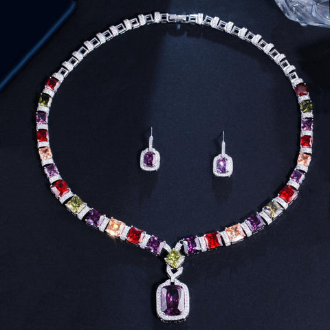 Trendy Colorful  Diamond Jewelry set White Gold Earrings Necklace -JW00188-Veeddydropshipping