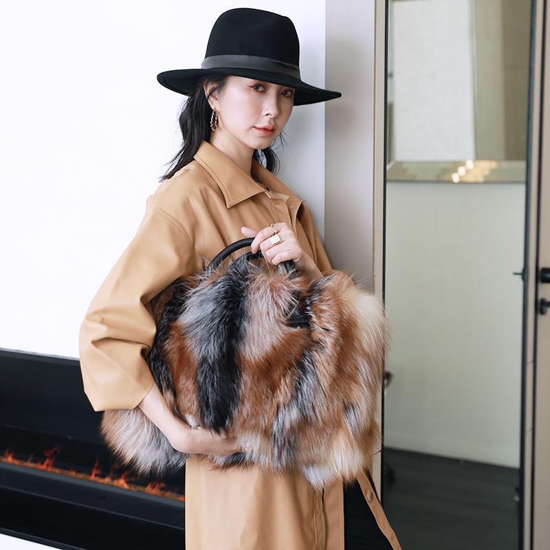 Silver Fox Fur Handbags Genuine Cowhide Hard Handle Big Handbag Full-pelt-BS00056-Veeddydropshipping