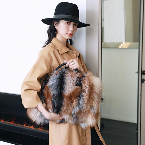 Silver Fox Fur Handbags Genuine Cowhide Hard Handle Big Handbag Full-pelt-BS00056-Veeddydropshipping