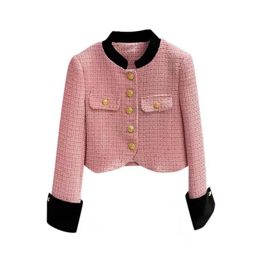 Pink Korean Spliced Crop Tweed Jacket Women-Veeddydropshipping