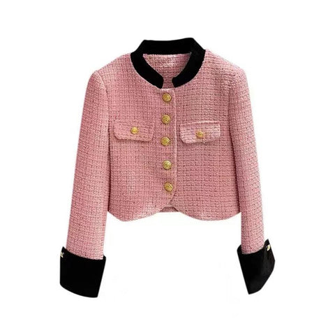 Pink Korean Spliced Crop Tweed Jacket Women-Veeddydropshipping