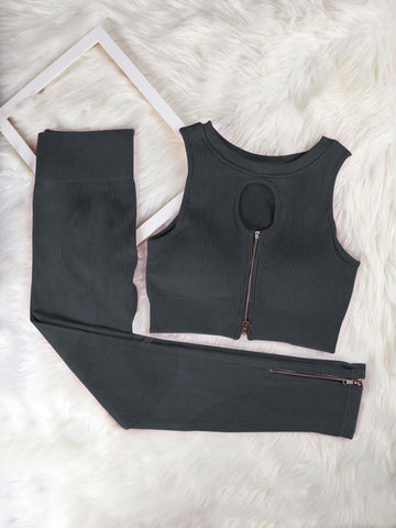 Wash Ribbed Yoga Suit Zipper Shockproof Running Bra  Butt Lift Workout Leggings -OS00900-Veeddydropshipping