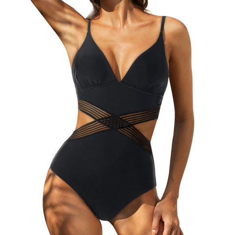 Women One Piece Swimsuit See-through Solid Black Women&#39;s Swimwear -OS00096-Veeddydropshipping