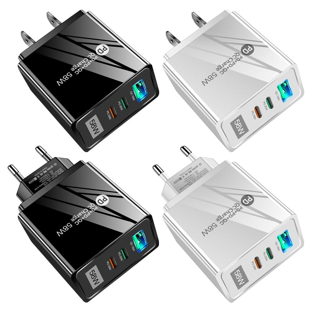3 Ports Mobile Phone Charging PD Type-C+QC3.0 58W USB Wall Fast Charger US EU Plug-PA00383-Veeddydropshipping
