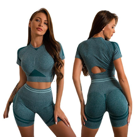 Seamless Yoga Sets Sports Fitness Peach Hip-lifting Shorts Beauty Back Short-Sleeved-OS00851-Veeddydropshipping