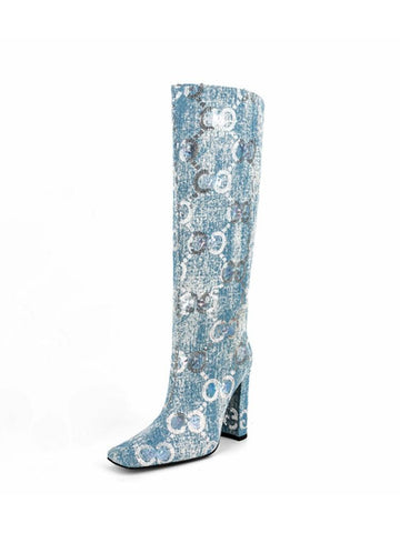 Knee Length Women&#39;s Boots Fashion Sequins Denim-BS00971-Veeddydropshipping