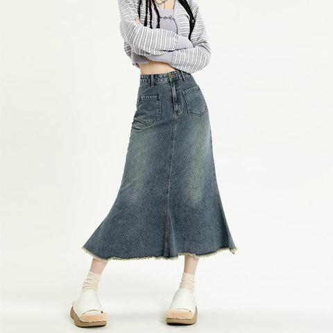 Women Nostalgic Denim Slim Wrap Hip Skirt-WF00352-Veeddydropshipping