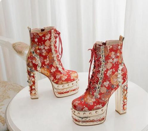 Lace Up Embroidered Party Shoes Luxury Pump-BS01030-Veeddydropshipping