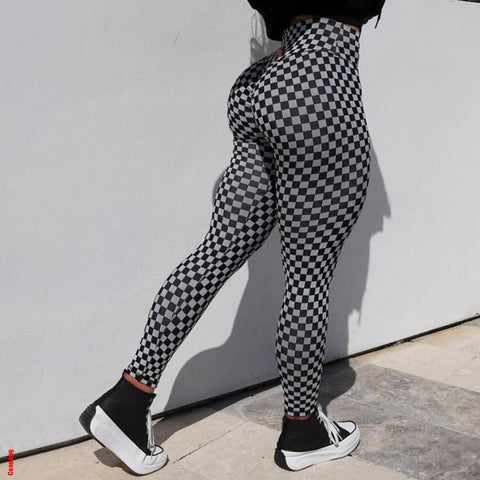 2023 Yoga Leggings Women Sport Fitness Black And White Grid Scrunch Leggings -OS00899-Veeddydropshipping