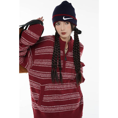 Women Stripe Sweater Half Zipper Fashion Vintage Knitting Pullover-WF00273-Veeddydropshipping