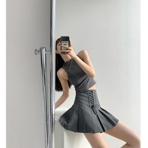 Women Vintage Advanced Strapping High Waist Skirt-WF00383-Veeddydropshipping