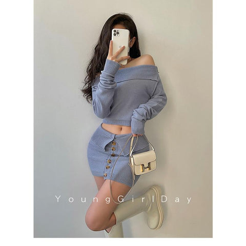 Women Sexy Shoulder Long Sleeve Short Skirt-WF00411-Veeddydropshipping