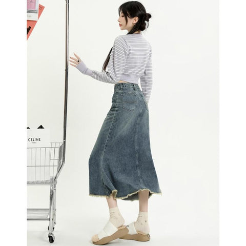 Women Nostalgic Denim Slim Wrap Hip Skirt-WF00352-Veeddydropshipping
