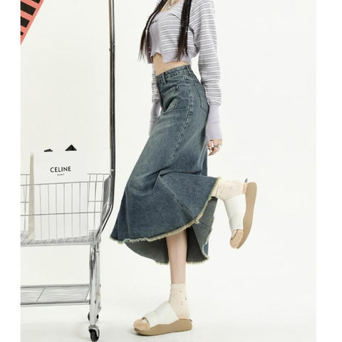 Women Nostalgic Denim Slim Wrap Hip Skirt-WF00352-Veeddydropshipping