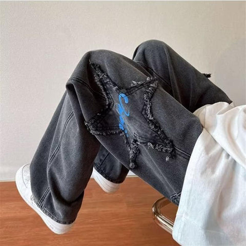 Star Embroidery Recreational Brown Jeans Large-MF00509-Veeddydropshipping