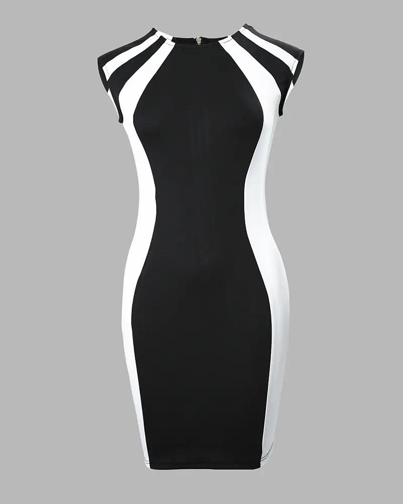 Women Dresses Colorblock Round Neck-Veeddydropshipping