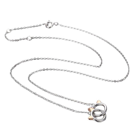 925 Sterling Silver Double Circles Pet Cat Pendant Necklace -JW01233-Veeddydropshipping