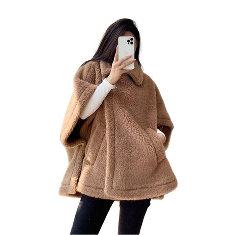Female Winter Camel Jacket Gray Sheep Wool Coat-WF00213-Veeddydropshipping
