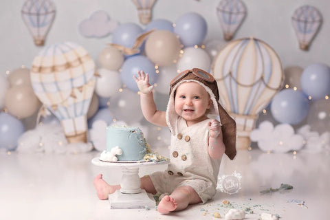 Birthday Backdrop Blue Sky White Clouds Hot Air Balloons Stars Kids-CE00419-Veeddydropshipping