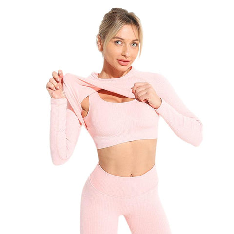 2 Piece Yoga Set Gym Clothing Women&#39;s Threaded Tracksuit Crop Top Bra High -OS00630-Veeddydropshipping