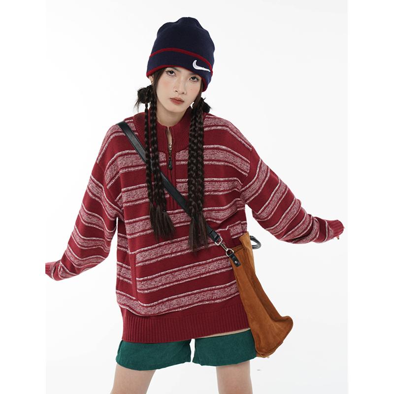Women Stripe Sweater Half Zipper Fashion Vintage Knitting Pullover-WF00273-Veeddydropshipping