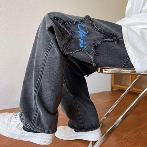 Star Embroidery Recreational Brown Jeans Large-MF00509-Veeddydropshipping