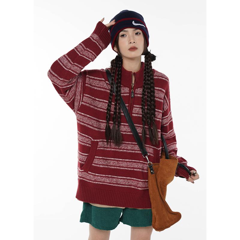 Women Stripe Sweater Half Zipper Fashion Vintage Knitting Pullover-WF00273-Veeddydropshipping